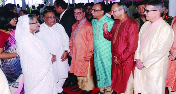 Prime Minister Sheikh Hasina exchanging Eid greetings with diplomats and others at Ganobhaban on Eid day.