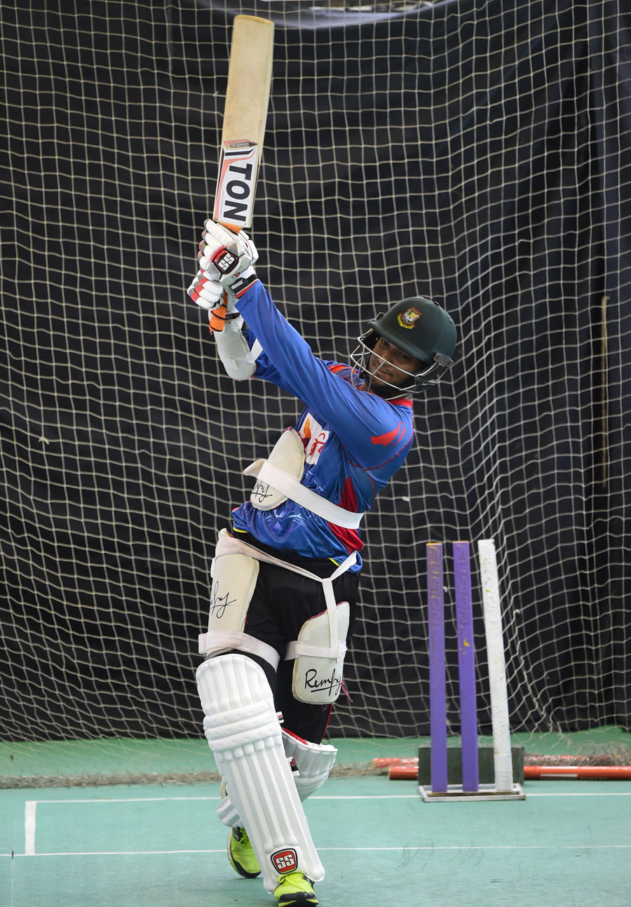 Shakib Al Hasan bats in the nets ahead of the first Test between Bangladesh and South Africa in Chittagong on Monday.