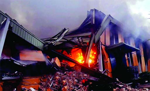 The two-storey steel structure of Akij Footwear Factory at Narasinghapur of Ashulia in the outskirts of the capital was abandoned by Fire Service and Civil Defence authority following a devastating fire on Sunday afternoon.