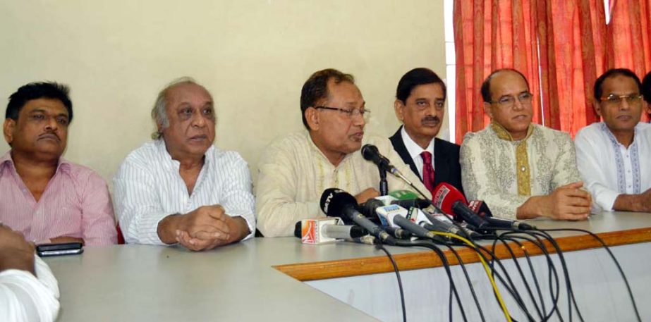 International Affairs Secretary of BNP Dr Asaduzzaman Ripon speaking at a press conference at the party central office in the city's Nayapalton on Tuesday in protest against arrest of Chhatra Dal President Rajib Ahsan.