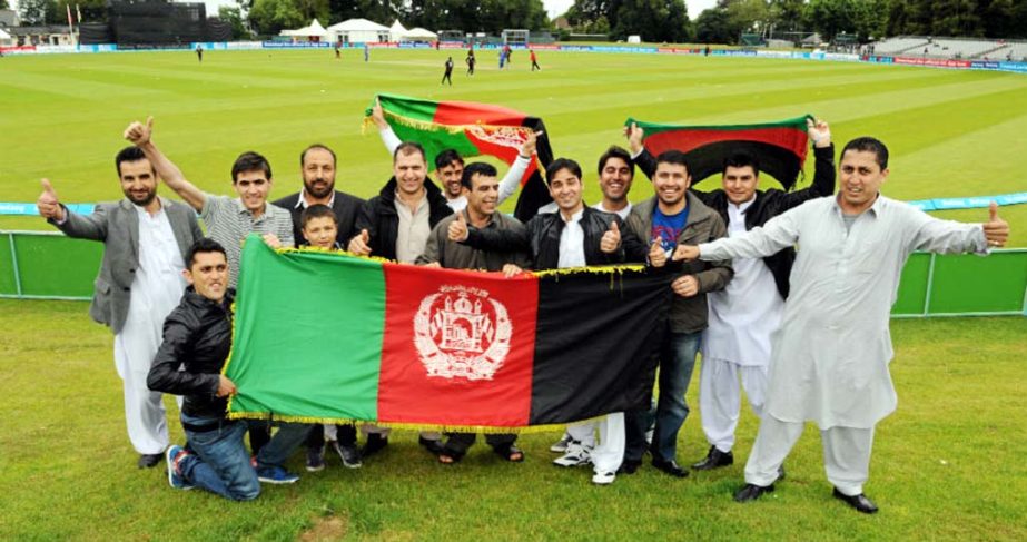 Afghanistan fans show their support during 1st play-off game of World T20 Qualifier between Afghanistan and Hong Kong in Dublin on Tuesday.