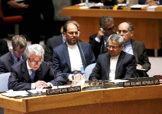 European Union representative to the United Nations Thomas Mayr-Harting (L) speaks as Iranian UN envoy, Gholamali Khoshroo looks on (R) during a United Nations Security Council meeting at U.N. headquarters in New York.