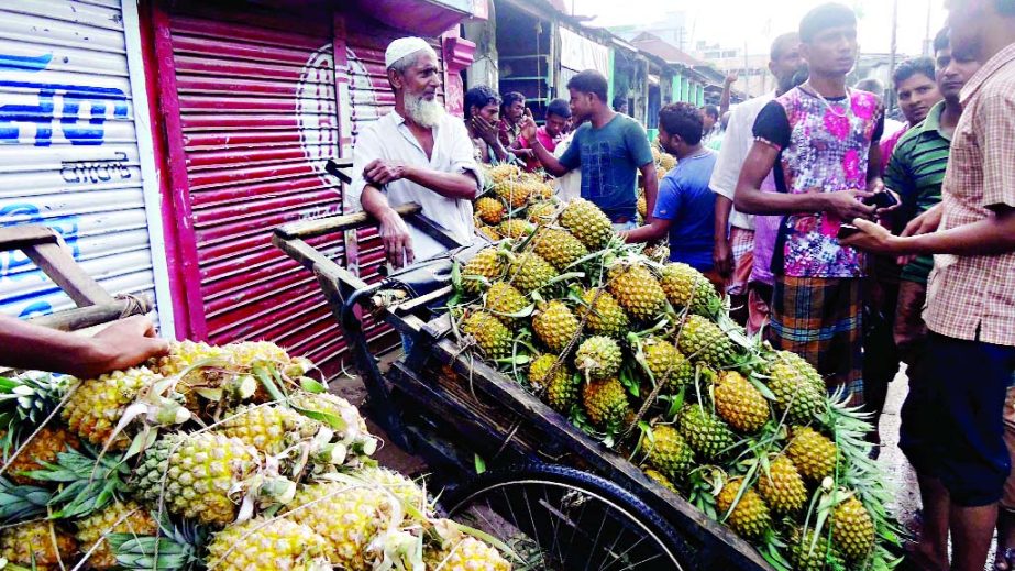 MOULVIBAZAR: Growers selling pineapple in Moulvibazar market.