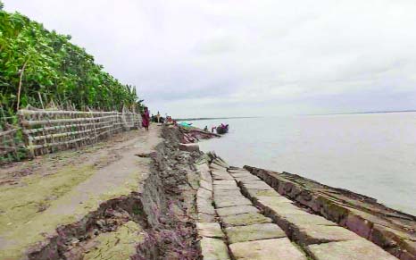 BAGERHAT: A view of damaged embankment of Water Development Board constructed on the western bank of the river Baleswar in Sharankhola Upazila.