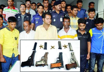 BOGRA: Police arrested six persons with four foreign pistols, four magazines and 14 round bullets from Bogra Sadar Upazila on Wednesday.