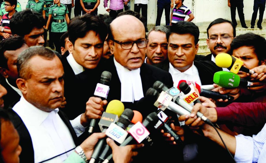 BNP Chairperson Begum Khaleda Zia's lawyer Advocate Khondkar Mahbub Hossain speaking at the press conference on Zia Trust Cases coming out of the special court in the city's Bakshibazar Alia Madrasha premises on Thursday.