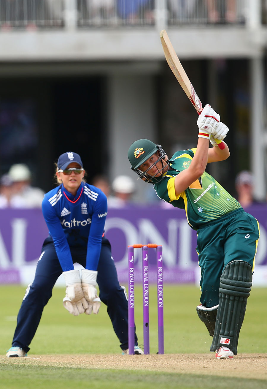 Meg Lanning goes down the ground in the 2nd ODI between England Women and Australia Women at Bristol on Thursday.