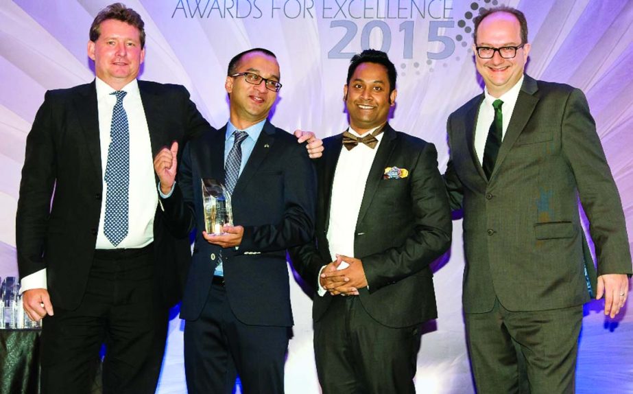 City Bank's DMD Mashrur Arefin and Head of Brand Nazmul Karim pose with Euromoney's 'Awards for Excellence'. The award was announced at an Award Ceremony in Hong Kong recently.