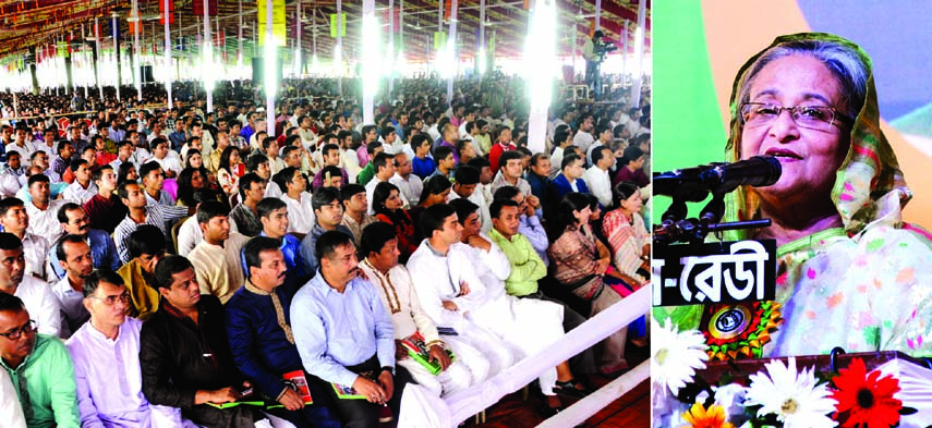 Awami League President and Prime Minister Sheikh Hasina addressing the 28th National Council of Bangladesh Chhatra League at Suhrawardy Udyan in the city on Saturday. BSS photo