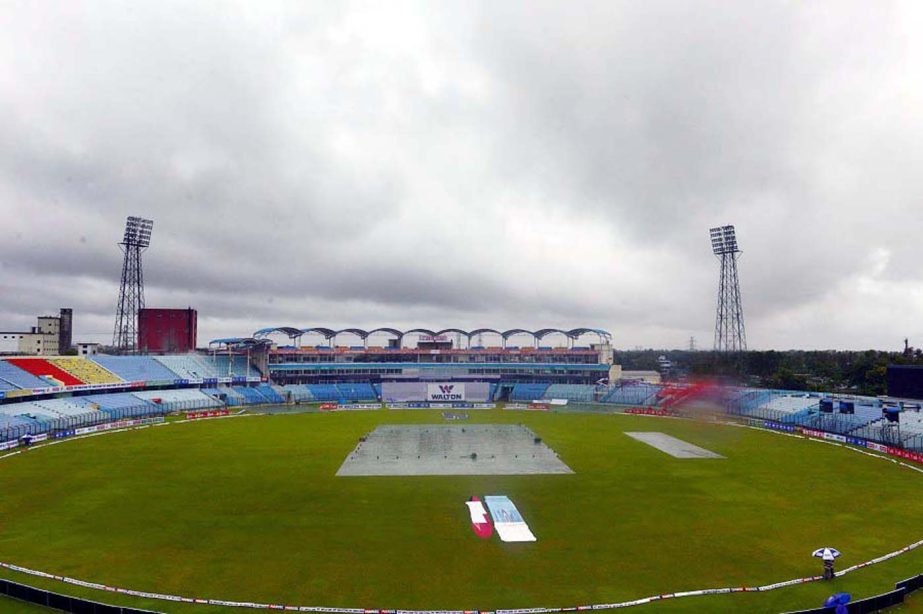 A general view shows Zahur Ahmed Chowdhury Stadium in Chittagong as the rain falls during the final day of the first cricket Test match between Bangladesh and South Africa on Saturday.