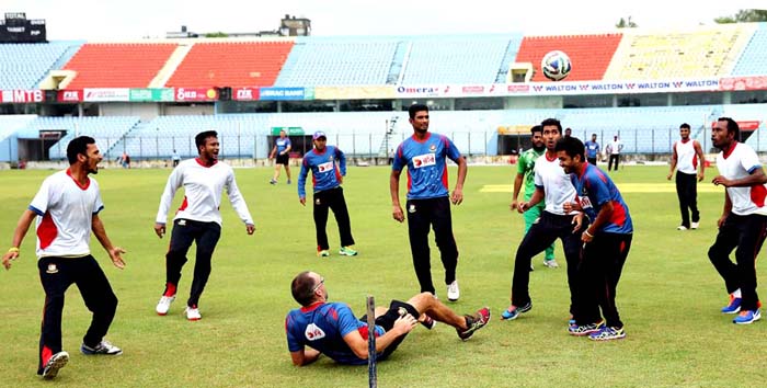 Players of Bangladesh National Cricket team playing football after making a Test draw with South Africa at the Zahur Ahmed Chowdhury Stadium in Chittagong on Saturday.