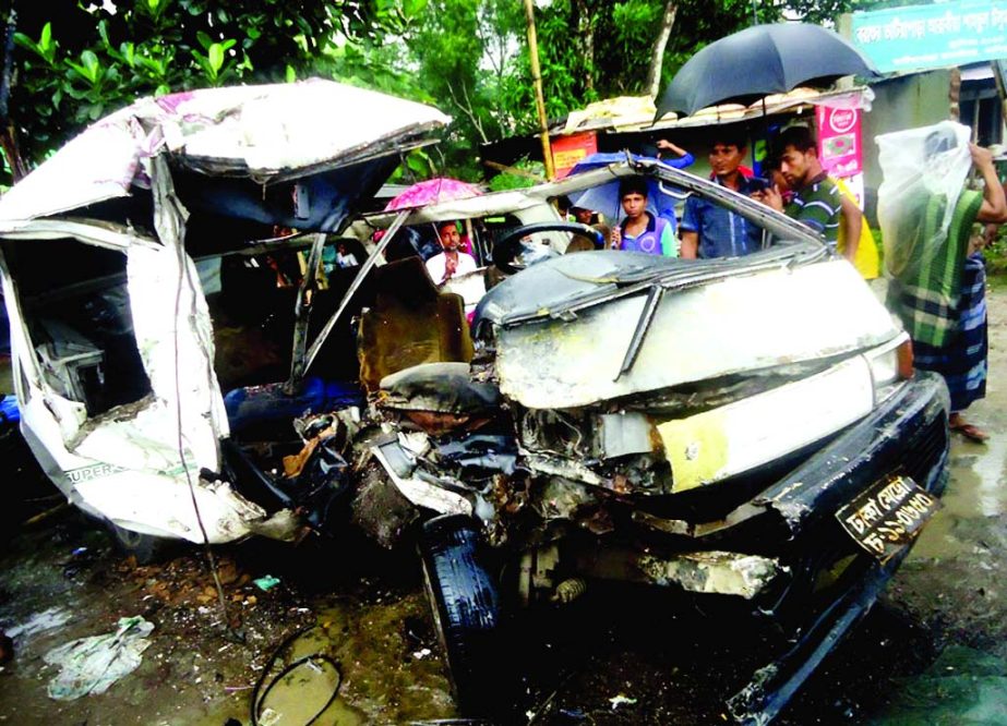 A microbus was totally smashed killing seven people when it was hit by a passenger bus on Dhaka-Khulna Highway at Kashiani-Bhatiapara area in Gopalganj on Saturday morning.