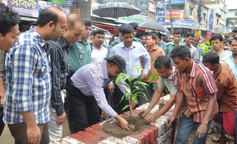 CMP Commissioner Abdul Jalil Mandal planting saplings on islands from Muradpur to Oxygen Crossing in the city on Saturday.