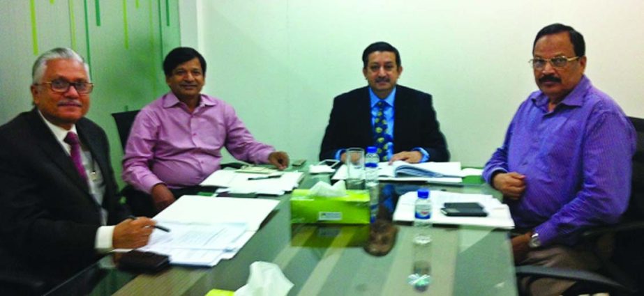 Shaikh Salahuddin, Chairman of the Board's Audit Committee of Modhumoti Bank Limited, presiding over the committee meeting at its Gulshan Branch in the city on Sunday. Md Abul Hossain, A Mannan Khan and Md Mizanur Rahman, Managing Director of the bank we