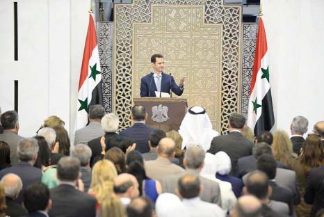 Syrian President Bashar Assad delivering a speech in Damascus, Syria on Sunday.