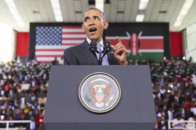 President Barack Obama delivers a speech at Safaricom Indoor Arena on Sunday in Nairobi.