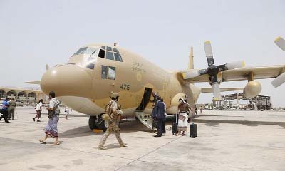 A Saudi cargo plane is seen at the International airport of Yemen southern port city of Aden.