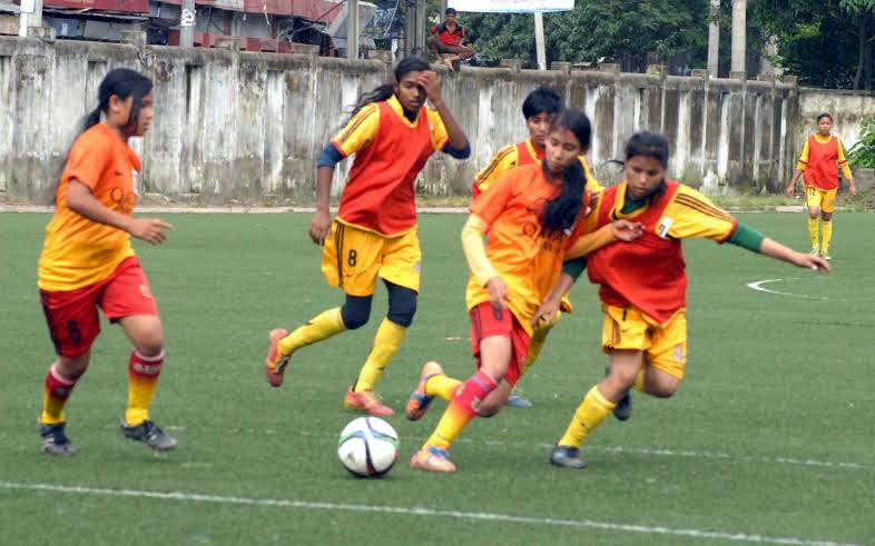 A view of the match of the JFA Under-14 Women's Football Championship between Tangail District team and Rangamati District team at the BFF Artificial Turf on Sunday. Tangail beat Rangamati by 2-1 goals.
