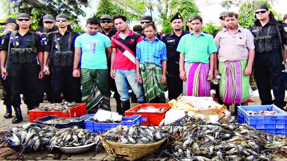 Five fish traders were arrested and seized huge banned piranha and toxic shrimps from Karwan Bazar kitchen market in city by RAB-2 on Sunday.