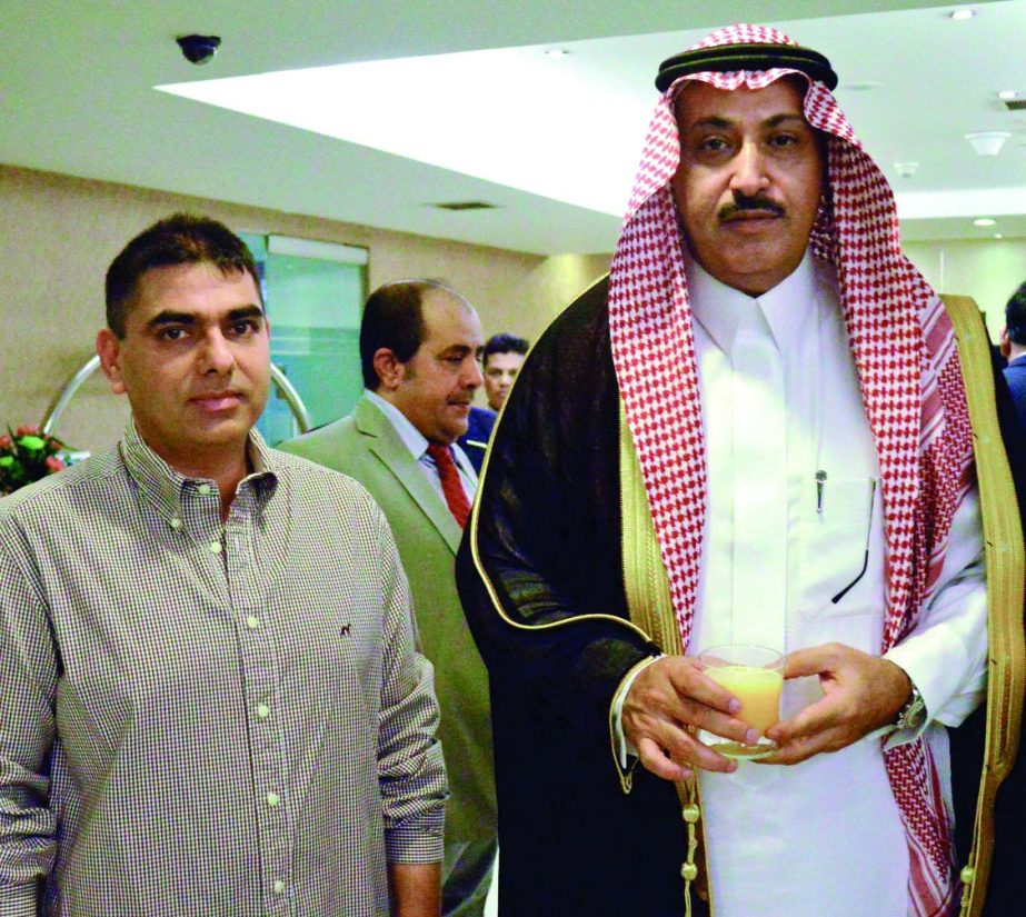 Kabir Reza, Chairman of Dhaka Regency Hotel & Resort, receiving Saudi Ambassador Abdullah Al Mutairi at the hotel on Sunday. Shamsul Arefin, Assistant Head of Sales and Marketing was present.