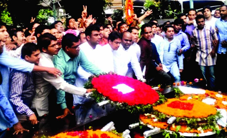 Newly elected BCL committee paid tributes to Father of the Nation Bangabandhu Sheikh Mujibur Rahman by placing floral wreaths at the portrait of Bangabandhu in the city's Dhanmondi 32 on Monday.