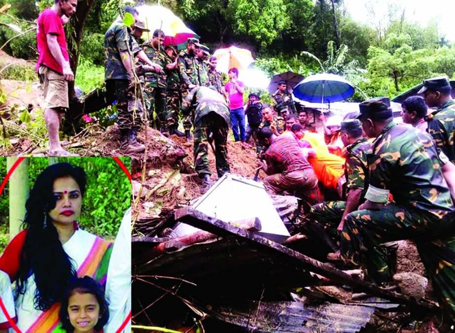 Army, BGB, Police, Fire Service and Civil Defence personnel are conducting rescue operation in cooperation with locals after heavy landslides at Baharchhara in Cox's Bazar on Monday (top). A woman and her daughter were killed in a landslide trigge