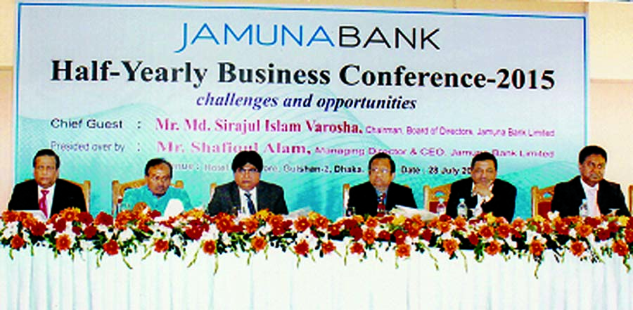 Md Sirajul Islam Varosha, Chairman of Jamuna Bank Ltd, inaugurating "Half-Yearly Business Conference-2015" of the bank at a city hotel on Tuesday. Nur Mohammed, Chairman of Jamuna Bank Foundation, Md Rafiqul Islam, Chairman of Audit Committee and Md Bel