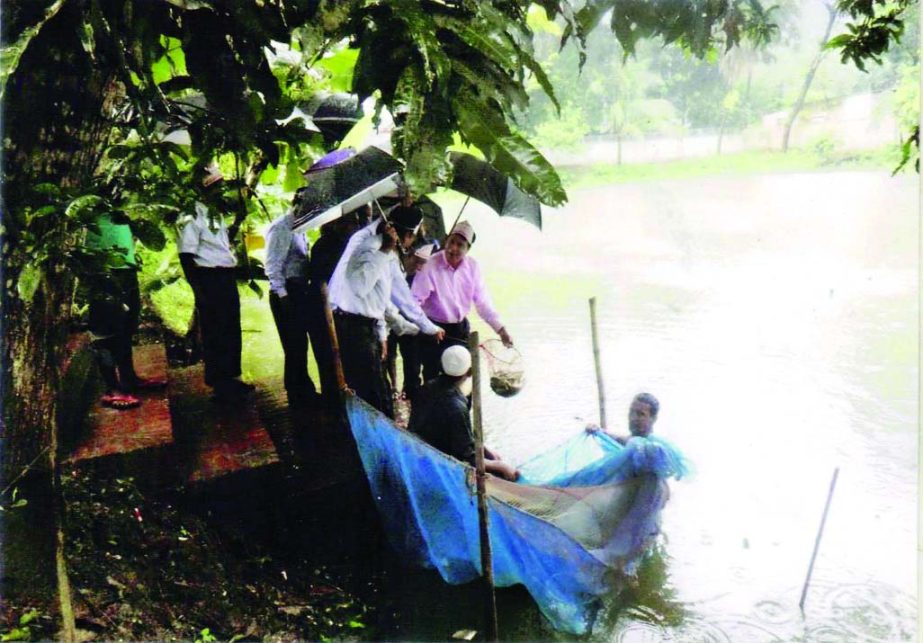 GOPALGANJ: Chowdhury Emdadul Haque, Administrator, Zilla Parishad, Gopalganj releasing fish fries at a pond of District and Session Judge, Gopalganj as the chief guest to mark the National Fisheries Week on Tuesday.