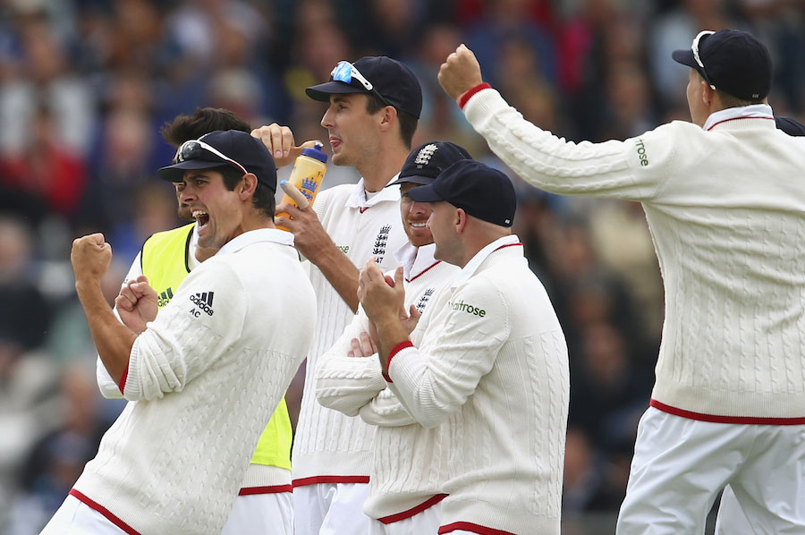 Alastair Cook of England celebrates after James Anderson of England took the wicket of David Warner of Australia during Day One of the 3rd Investec Ashes Test match between England and Australia at Edgbaston in Birmingham, United Kingdom on Wednesday.