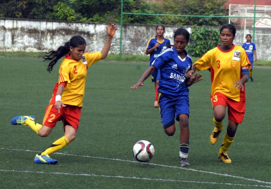 An action from the match of the JFA Under-14 Women's National Football Championship between Dinajpur District team and Khulna District team at the BFF Artificial Turf on Wednesday. Dinajpur won the match 4-0.