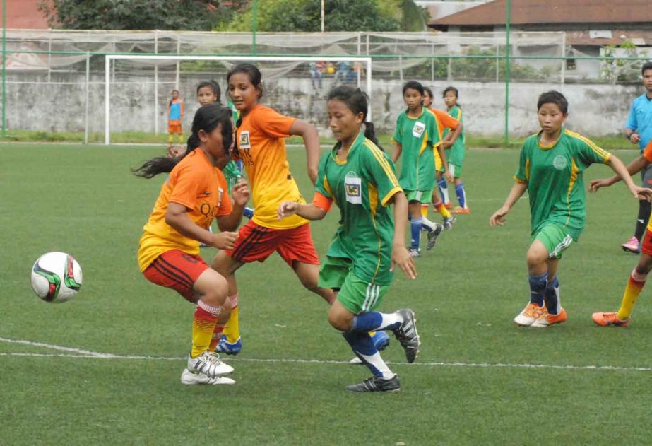 A scene from the JFA Under-14 Women's National football Championship between Rangpur District team and Narayanganj District team at the BFF Artificial Turf on Thursday. The match ended in a 2-2 draw.