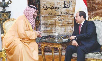 Egyptian President Abdel Fattah al-Sisi meets Saudi Deputy Crown Prince and Minister of Defence Mohammed bin Salman in Cairo on Thursday.