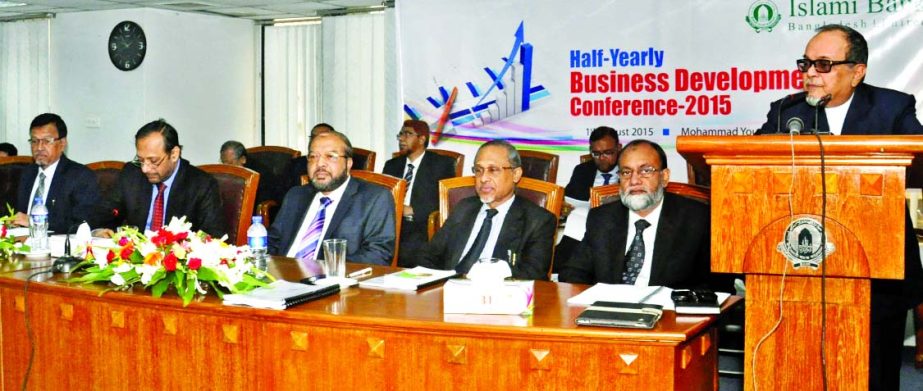 Engr Mustafa Anwar, Chairman of Islami Bank Bangladesh Limited, addressing an 'half-yearly business development conference' of the bank at Islami Bank Tower on Saturday. Mohammad Abdul Mannan, Managing Director of the bank presided while Muhammad Abul