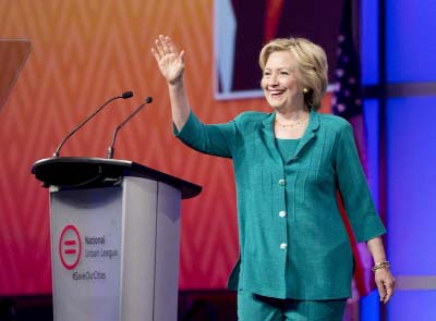 Democratic presidential candidate Hillary Rodham Clinton waves as she is introduced before speaking to the National Urban League on Friday in Fort Lauderdale, Fla.