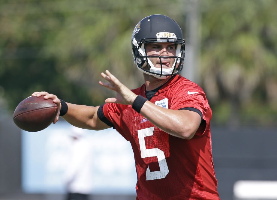 Jacksonville Jaguars quarterback Blake Bortles throws a pass during practice at an NFL football training camp in Jacksonville, Fla on Friday.