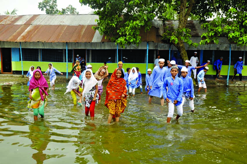 Students of Janakallyan Adarsha Primary School in Chanpara under Narayangonj passing through ankle-deep water as the area submerged by heavy rains. This photo was taken on Saturday.