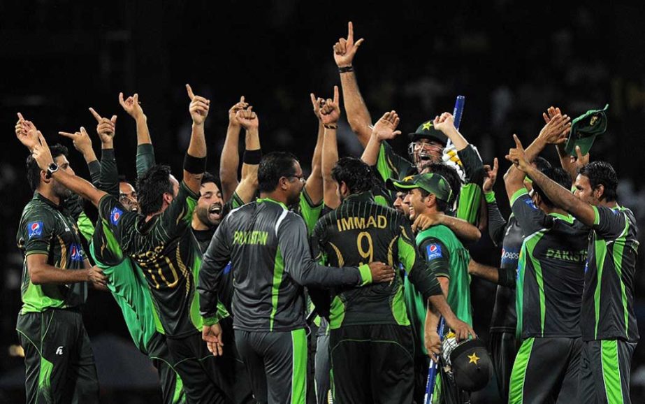 Pakistan's cricketers celebrate after their victory in the second Twenty 20 International cricket match against Sri Lanka at the R Premadasa International Cricket Stadium in Colombo on Saturday.