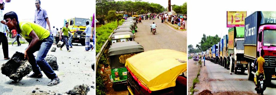 Banning of autos: Owners and drivers go on rampage on Dhaka-Ctg highway near Foujdarhat with stones (left); several auto rickshaws being parked in queues on Dhaka-Sylhet highway (middle) and 20 KM gridlocked by heavy vehicles in Feni area due to blockade