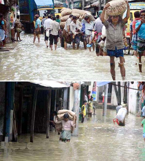 Aerial view of Khatungonj area on Sunday afternoon (Top). Chaktai area submerged with waist deep tidal water on Sunday (Bottom).