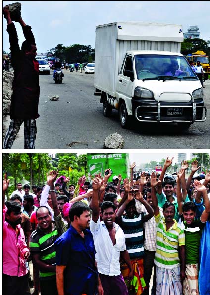 An auto driver throwing a big chunk of stone (top) at another vehicle while many others demonstrating against ban of autos on Monday.(bottom) This photo was taken from Shanarparh in city.