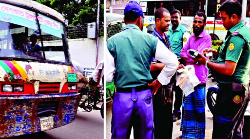 A traffic sergeant along with other policemen checking vehicles' fitness certificates on Monday following HCâ€™s directive not to allow movement of unfit vehicles on highways.