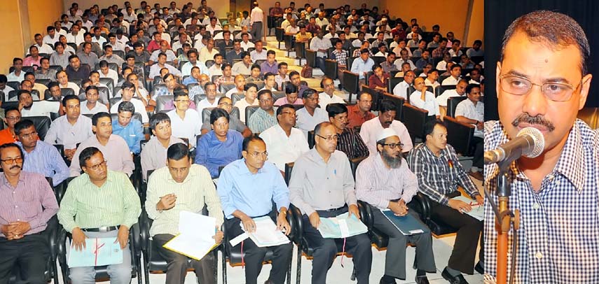 CCC Mayor AJM Nasir Uddin speaking as Chief Guest at the view exchange meeting of the officials of Revenue Department of the Corporation at city's Theatere Institute on Monday.