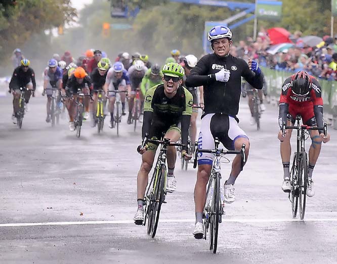 Kiel Reijnen celebrates after winning the first stage of the Tour of Utah in Logan, Utah on Monday.