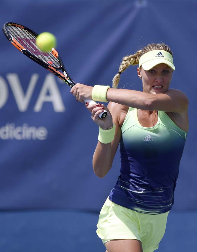 Kristina Mladenovic of France returns the ball against Samantha Stosur of Australia, during their match at the Citi Open tennis tournament in Washington on Tuesday.