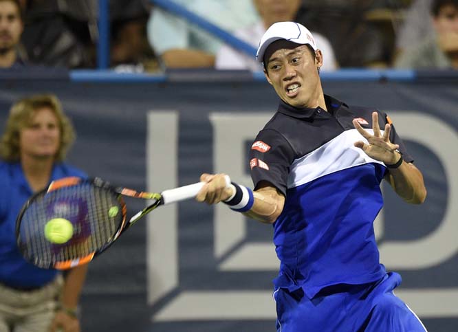 Kei Nishikori of Japan returns the ball to James Duckworth of Australia at the Citi Open tennis tournament in Washington on Tuesday.