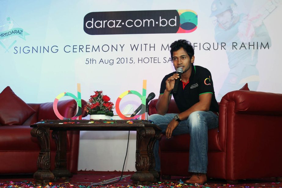 Captain of Bangladesh National Cricket (Test) team Mushfiqur Rahim speaking after signing with daraz.com.bd as the Brand Ambassador at a city hotel on Wednesday.