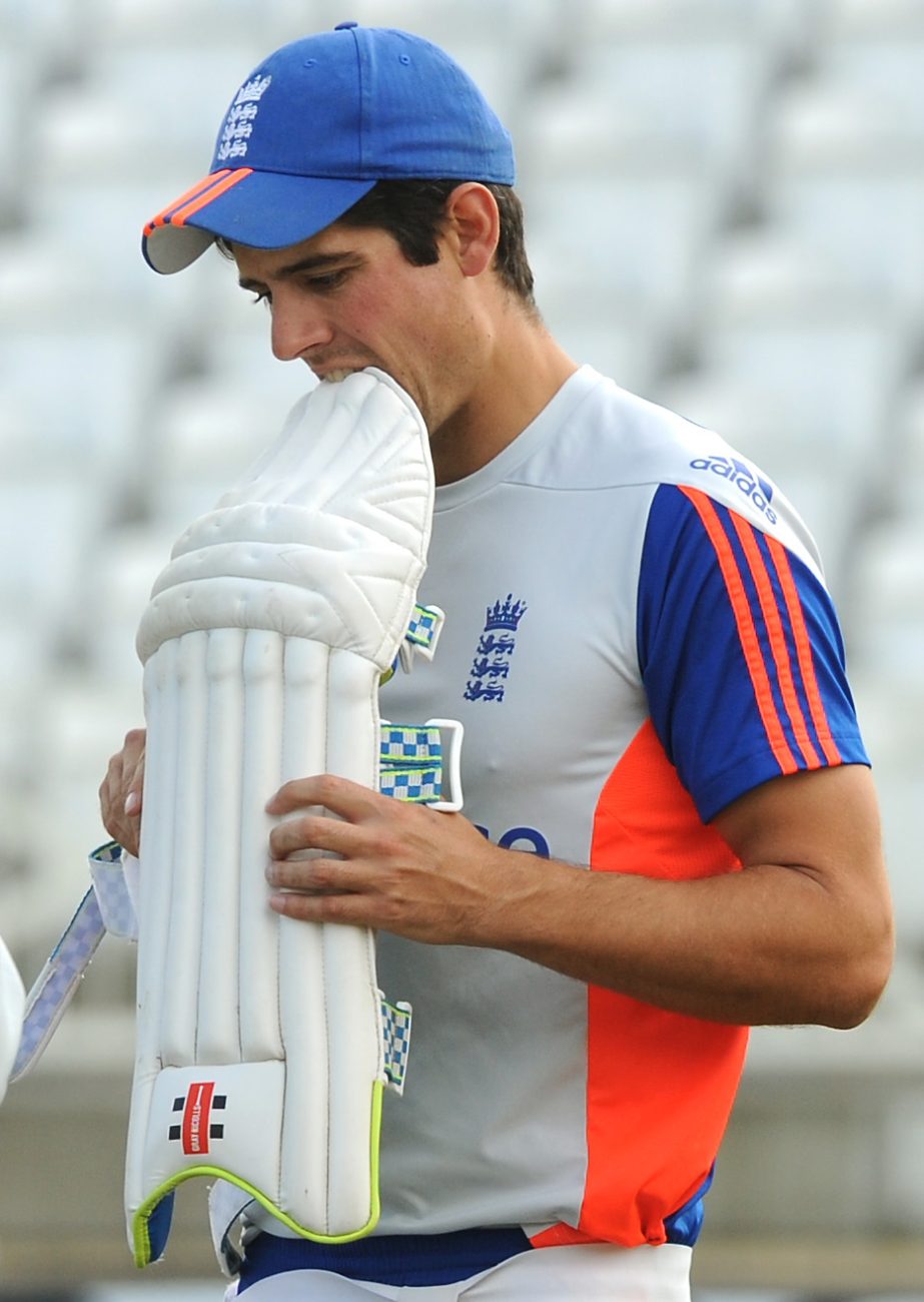England captain Alastair Cook bites his pad during net practice in preparation for the fourth Ashes Test cricket match against Australia at Trent Bridge, Nottingham, England on Wednesday.