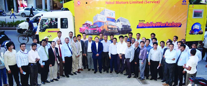 Abdul Matlub Ahmad, Chairman of Nitol Niloy Group, inaugurating Mobile Service Workshop for TATA commercial vehicles in the city recently.