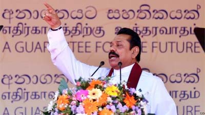 Sri Lanka's former president Mahinda Rajapaksa addressing a reception organised by his party in Colombo.