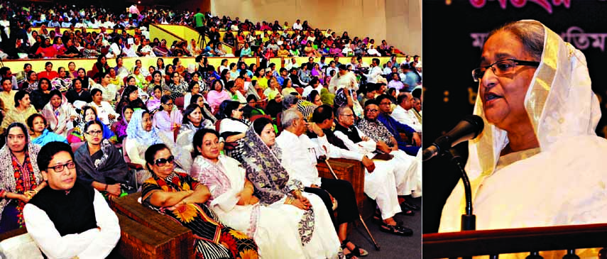 Prime Minister Sheikh Hasina speaking at a discussion on 'Birth anniversary of Bangamata Sheikh Fazilatunnesa Mujib at Osmani Memorial Auditorium in the city on Saturday. BSS photo